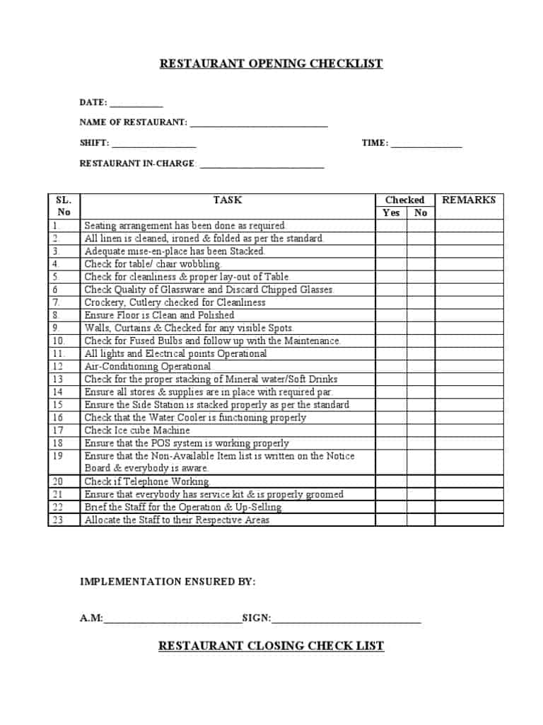 Free 25 Sample Restaurant Checklist Templates In Excel Pdf Ms Word