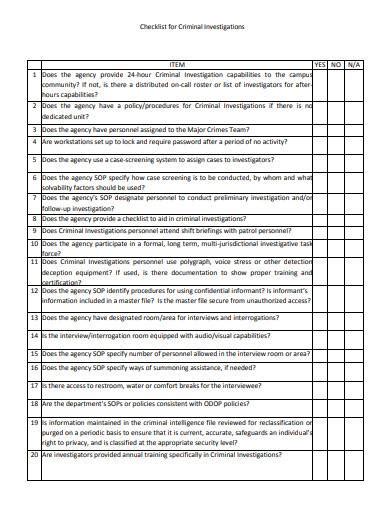 Free 3 Criminal Investigation Checklist Samples In Pdf