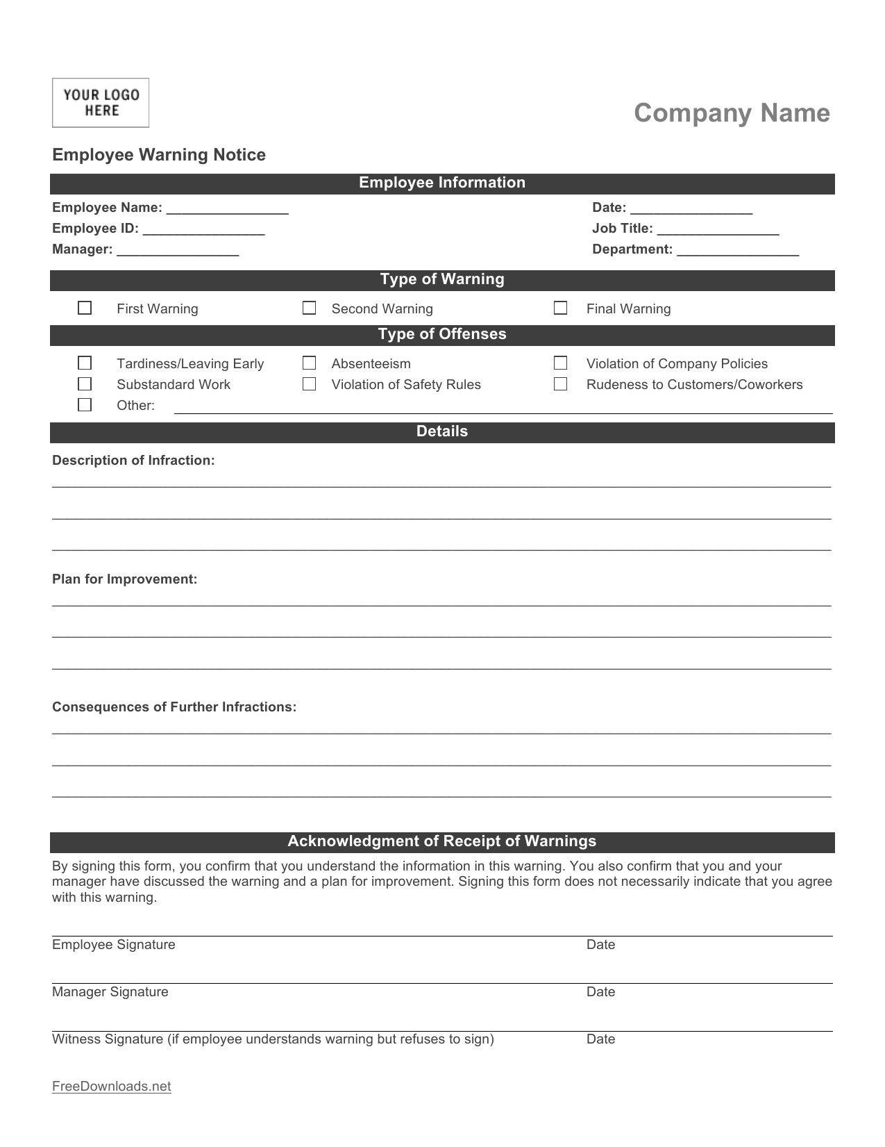 Free 5 Employee Write Up Forms In Pdf