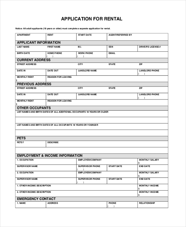 Free 6 Sample Apartment Rental Application Forms In Ms Word Pdf