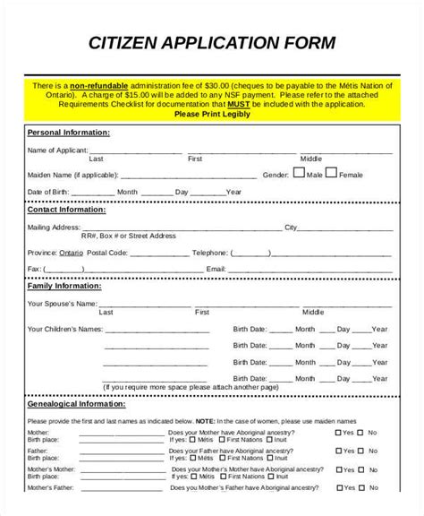 Free 7 Sample Citizen Application Forms In Pdf Ms Word Excel