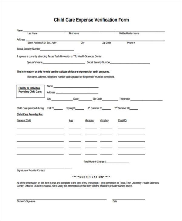 Free 8 Sample Child Care Expense Forms In Pdf Ms Word