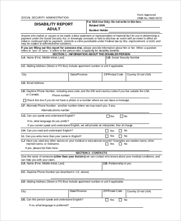 Free 8 Sample Disability Forms In Pdf