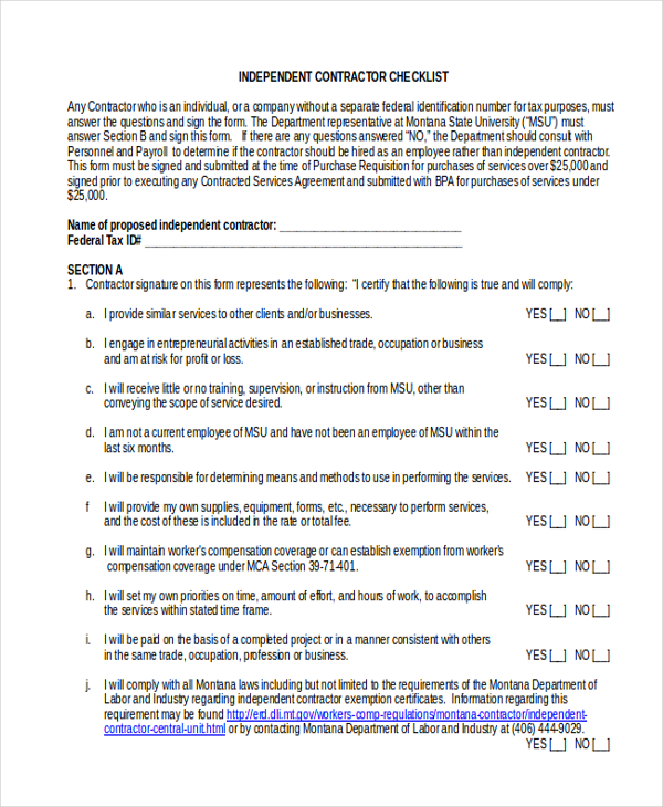 Free 9 Sample Independent Contractor Forms In Ms Word Pdf Excel