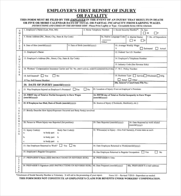 Free 9 Sample Workers Compensation Forms In Ms Word Pdf