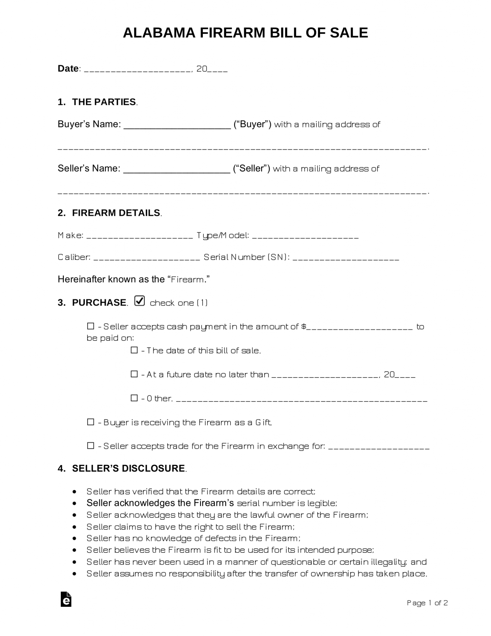 Free Alabama Gun Firearm Bill Of Sale Form Pdf Word Doc