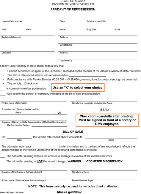 Free Alaska Affidavit Of Repossession Form Pdf 42Kb 2 Page S