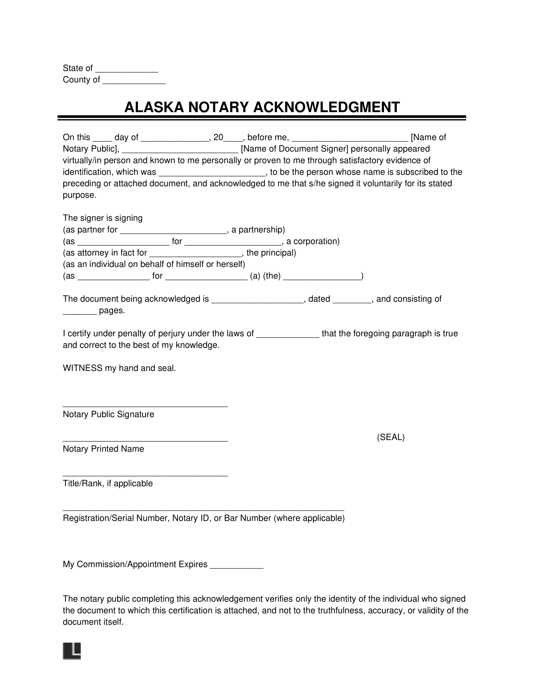 Free Alaska Notary Acknowledgment Form Pdf Word Eforms