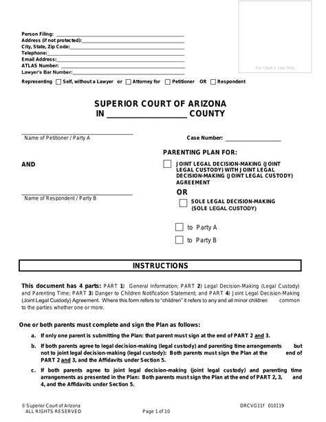 Free Arizona Custody Parenting Plan Pdf Word Eforms