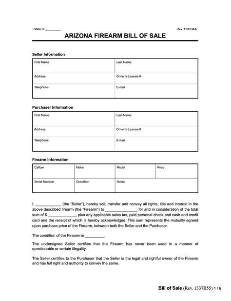 Free Arizona Firearm Bill Of Sale Form Pdf Word