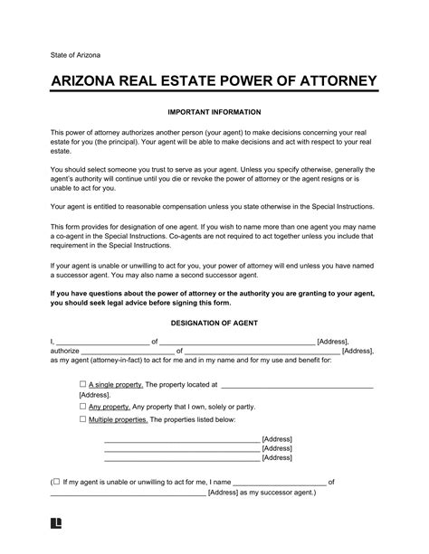 Free Arizona Real Estate Power Of Attorney Form Pdf Word