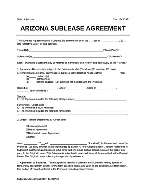 Free Arizona Sublease Agreement Template Pdf Word