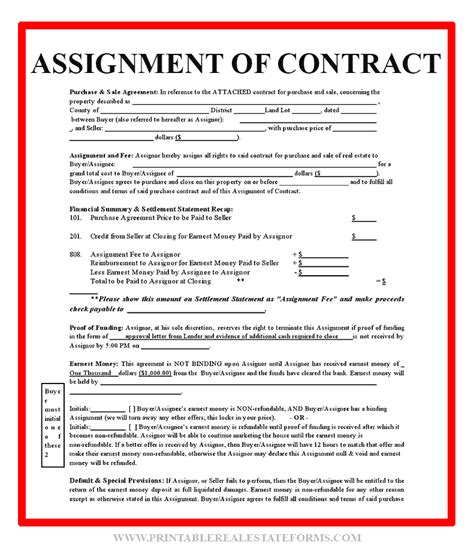 Free Assignment Of Contract Form Printable Real Estate Forms Real