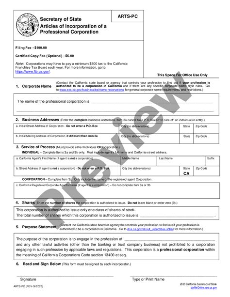 Free California Articles Of Incorporation Of A Professional Corporation