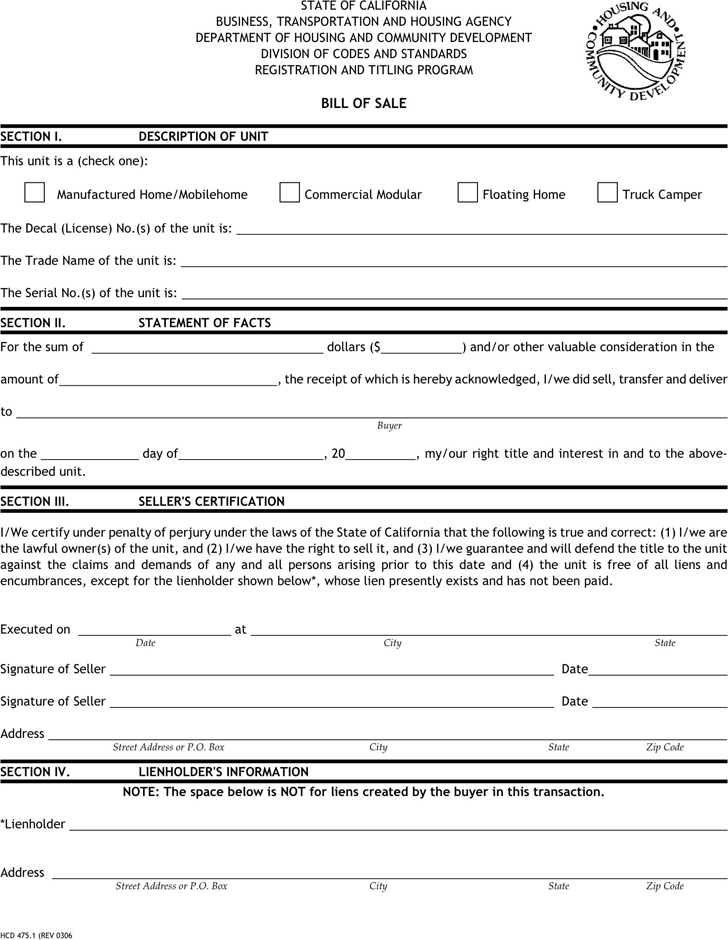 Free California Bill Of Sale Forms Pdf