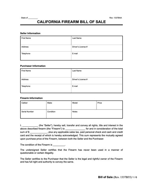 Free California Firearm Gun Bill Of Sale Form Pdf Word