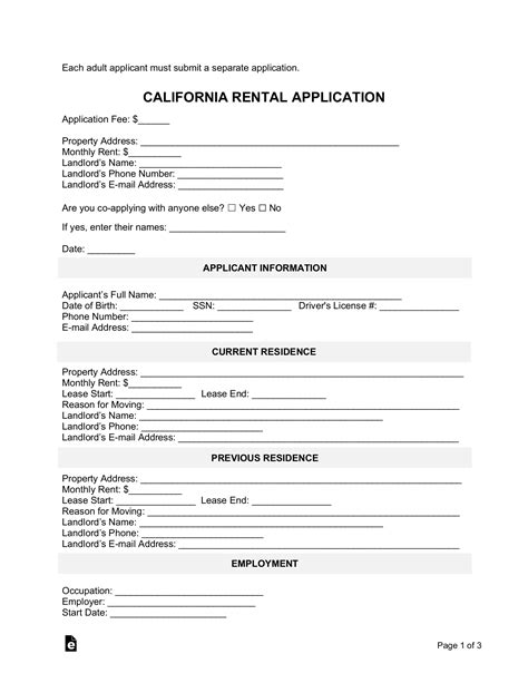 Free California Rental Application Pdf Word