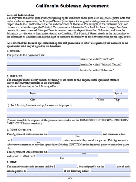 Free California Sublease Agreement Template Pdf Word