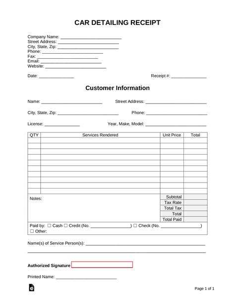 Free Car Detailing Receipt Template Pdf Word Eforms