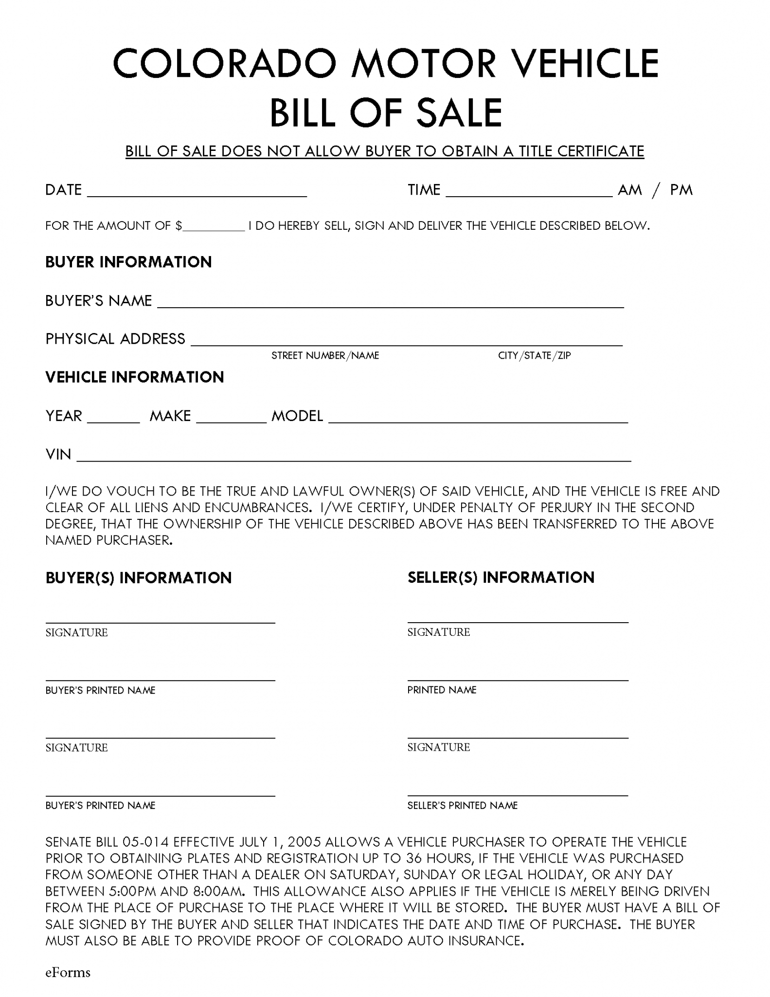 Free Colorado Bill Of Sale Forms Formspal