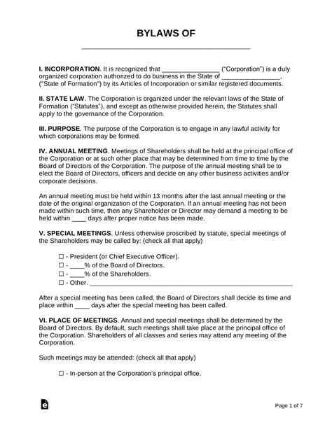 Free Corporate Bylaws Template Download As Pdf Word