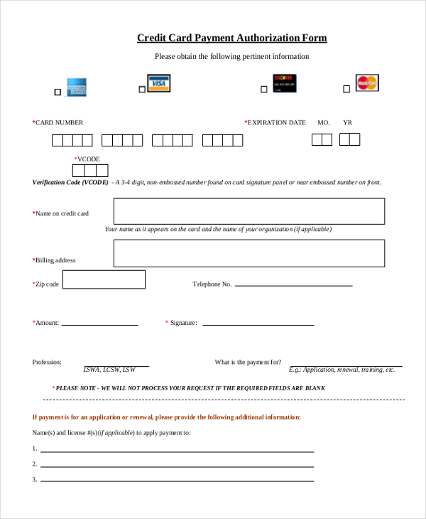 Free Credit Card Authorization Forms 4 Sample Pdf Word Eforms