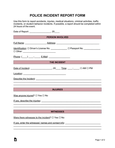 Free Crime Incident Report Form Pdf Word Eforms