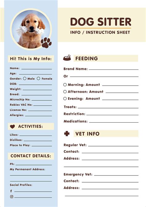 Free Dog Sitter Instruction Information Sheet Design Template