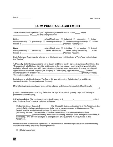 Free Farm Purchase Agreement Template Pdf Amp Word