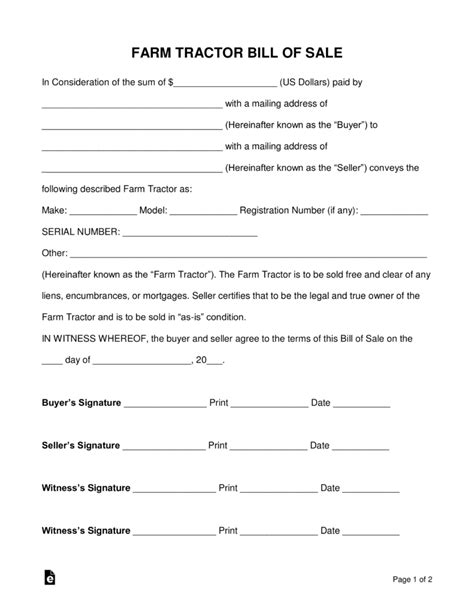 Free Farm Tractor Bill Of Sale Form Pdf Word Eforms