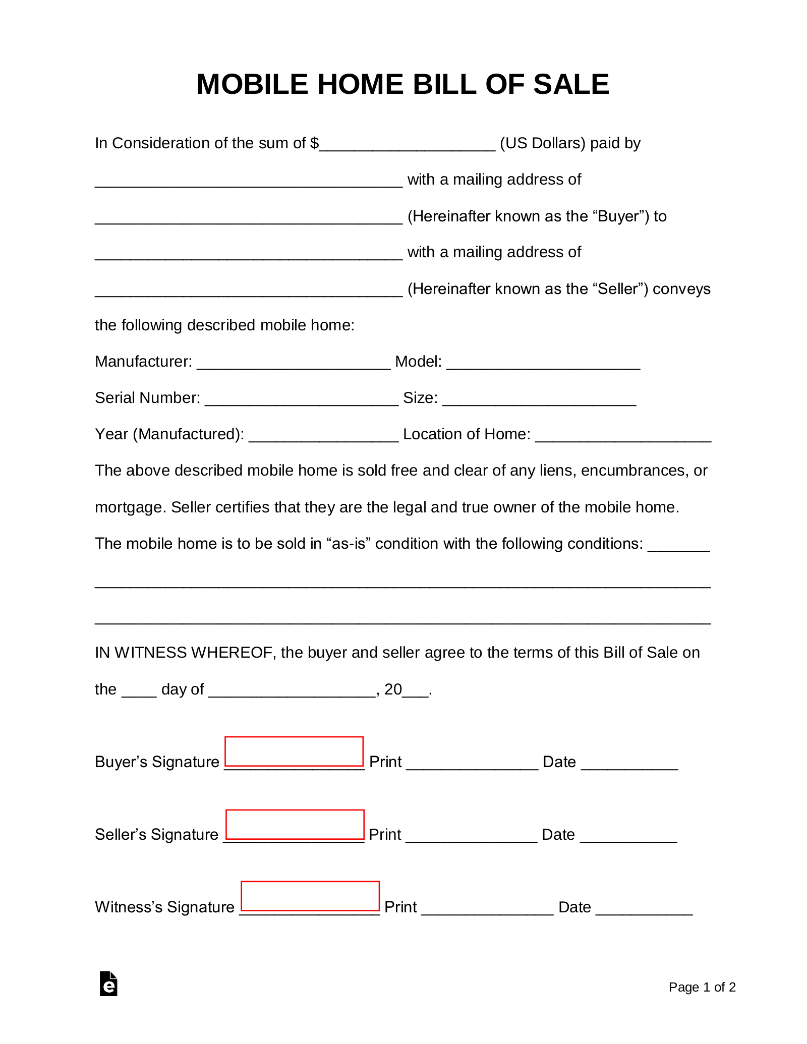 Free Fillable Mobile Home Bill Of Sale Form Pdf Templates