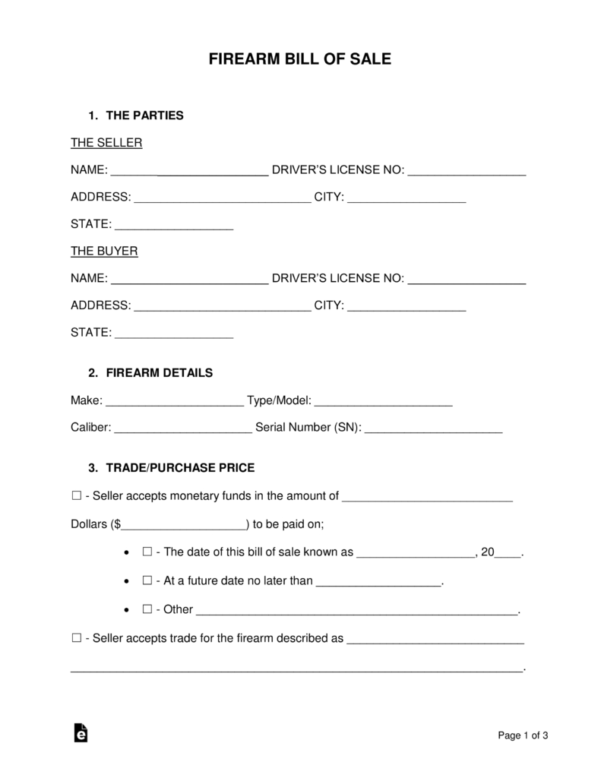 Free Firearm Gun Bill Of Sale Form Pdf Word Templates