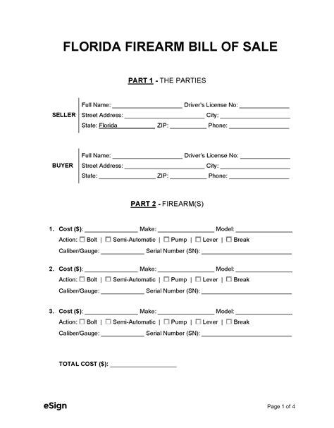 Free Florida Firearm Bill Of Sale Form Pdf Word