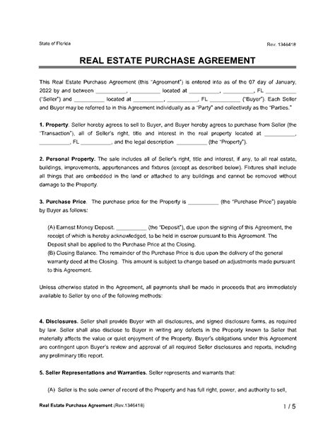 Free Florida Real Estate Purchase Agreement Template Pdf Word