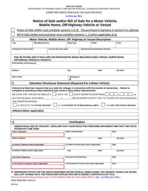 Free Florida Vehicle Boat Bill Of Sale Form Hsmv 82050 Pdf Eforms