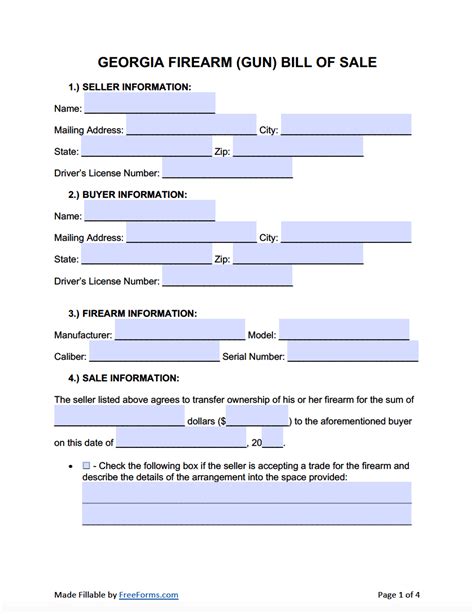 Free Georgia Firearm Bill Of Sale Template Fillable Forms