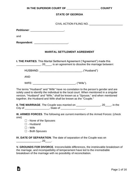 Free Georgia Marital Settlement Divorce Agreement Word Pdf Eforms