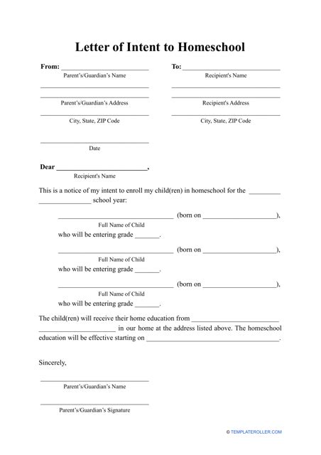 Free Homeschool Letter Of Intent Pdf Word Eforms