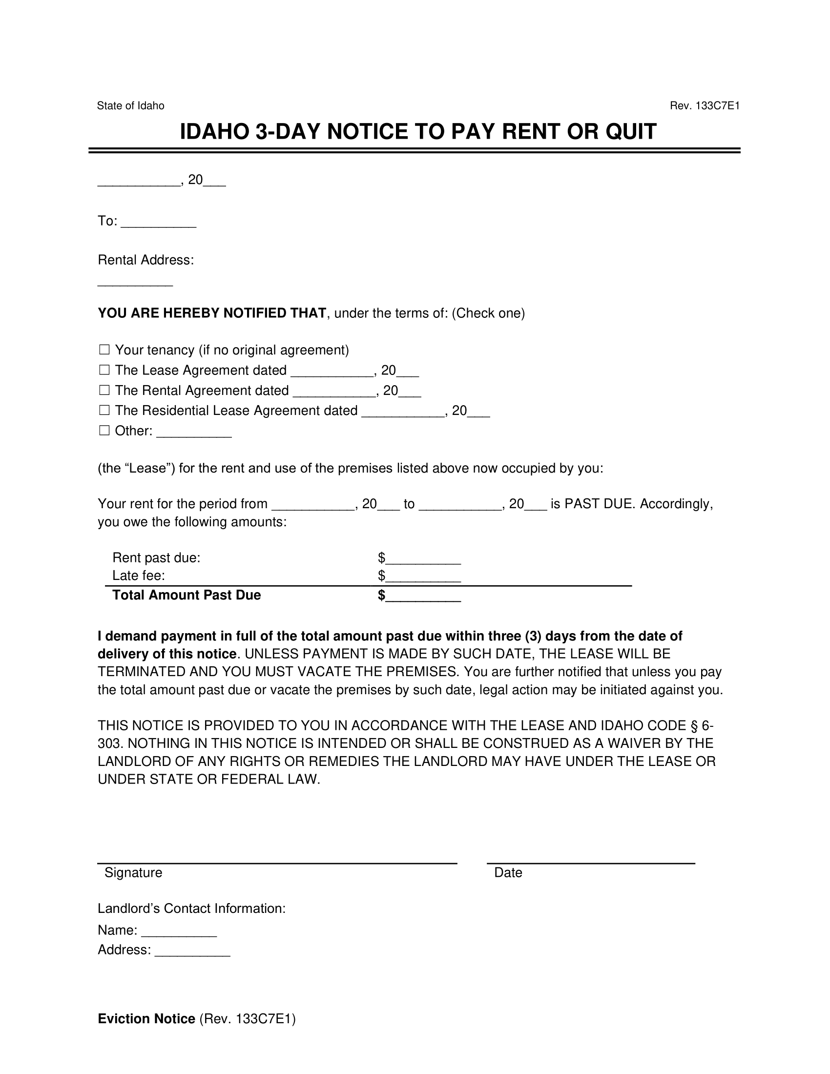 Free Idaho 3 Day Notice To Quit Form Non Payment Of Rent Pdf Eforms