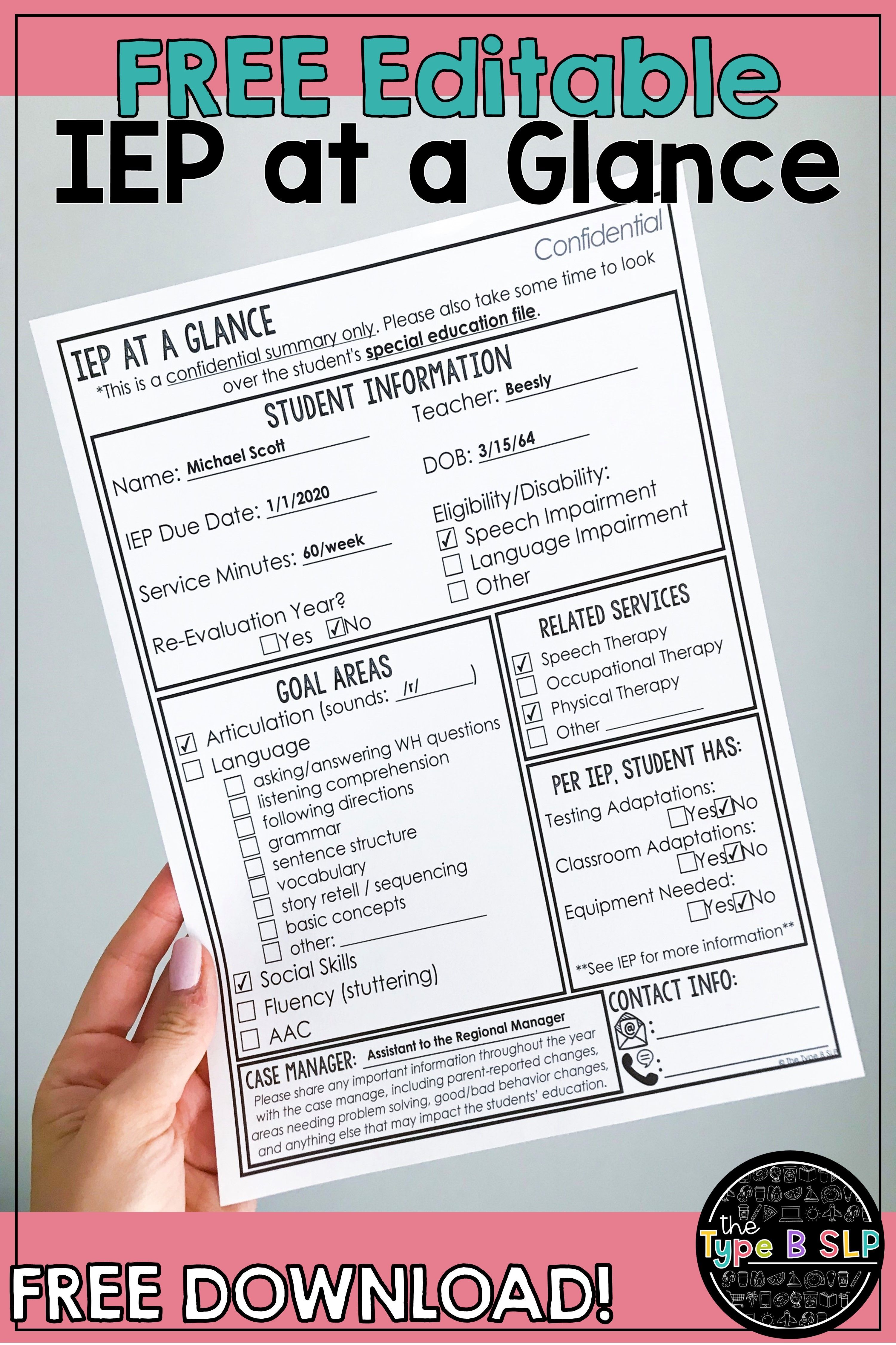 Free Iep At A Glance Sheet Teaching Special Education Special Education Forms Special