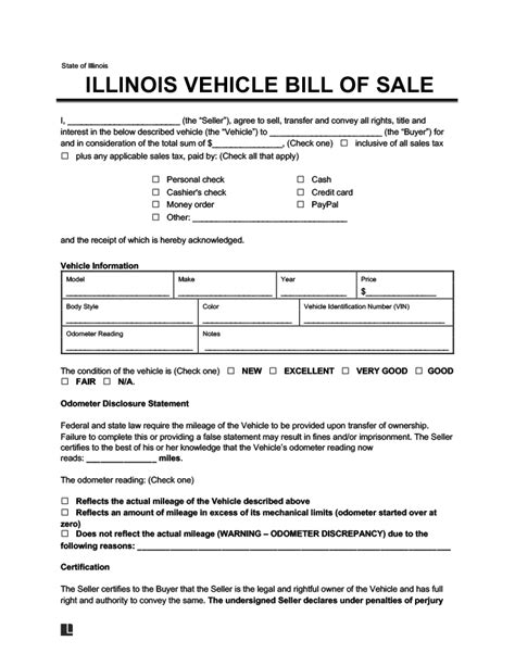 Free Illinois Motor Vehicle Bill Of Sale Form Legal Templates