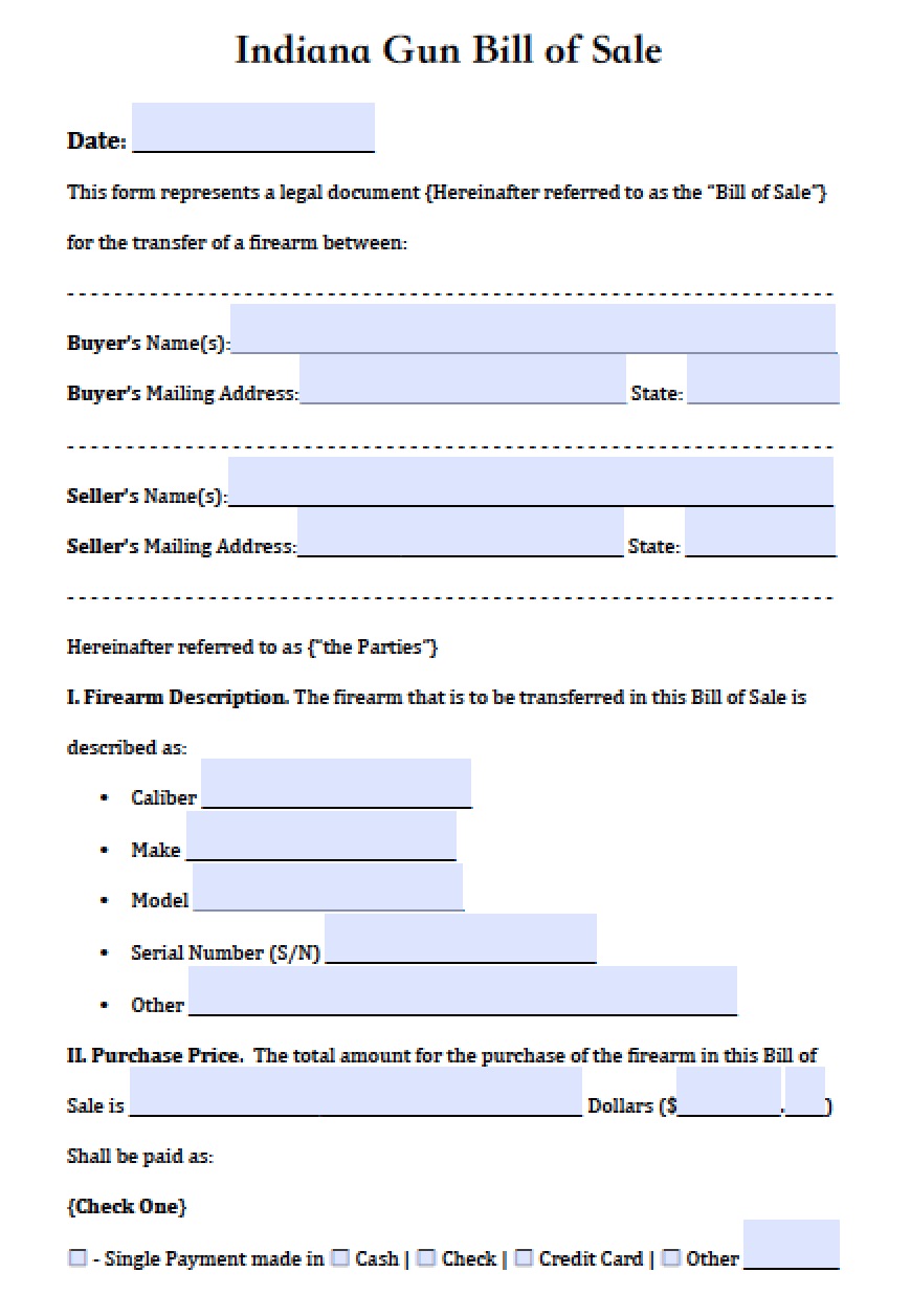 Free Indiana Firearm Bill Of Sale Form Pdf Word