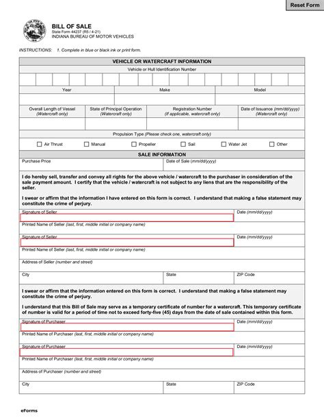 Free Indiana Motor Vehicle Bill Of Sale Form 44237 Pdf Eforms