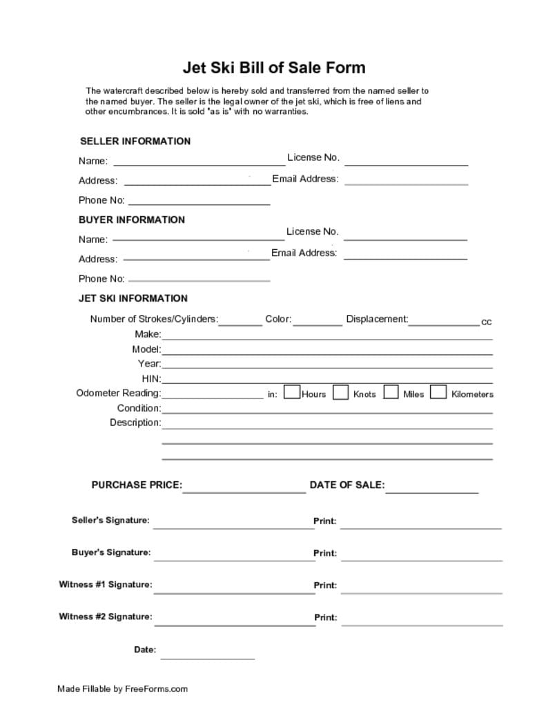 Free Jet Ski Bill Of Sale Forms How To Sell Word Pdf