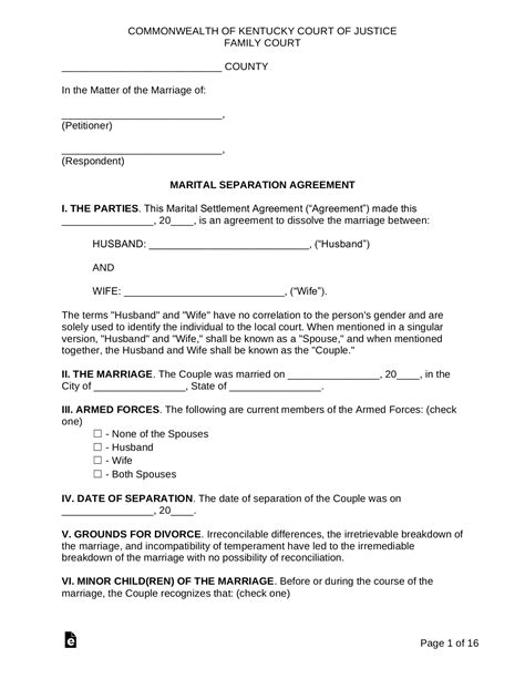 Free Kentucky Marital Settlement Divorce Agreement Pdf Word Eforms