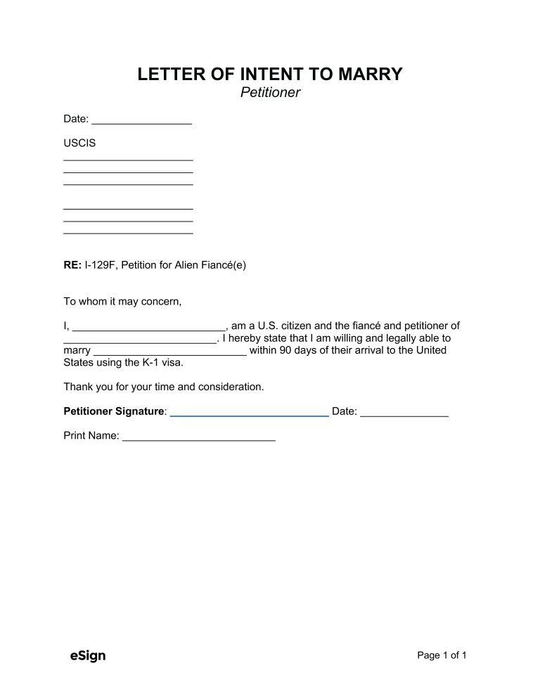 Free Letter Of Intent To Marry Within 90 Days Pdf Word