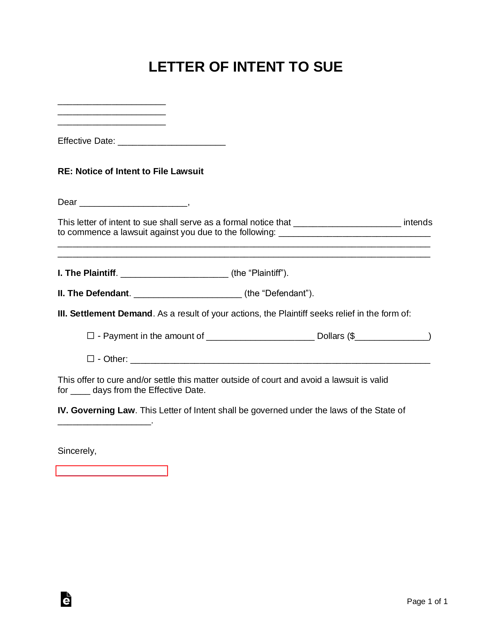 Free Letter Of Intent To Sue With Settlement Demand Pdf Word