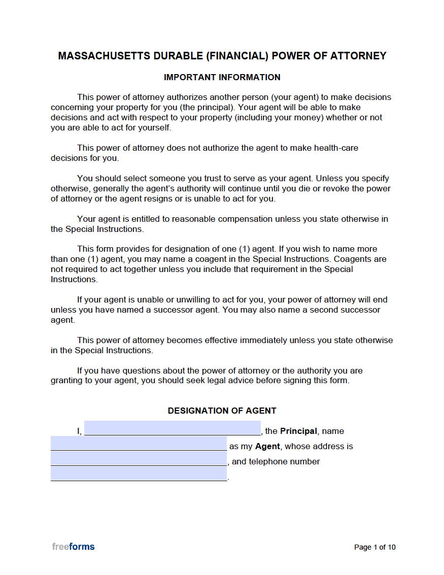 Free Massachusetts Durable Financial Power Of Attorney Form Pdf Word Eforms