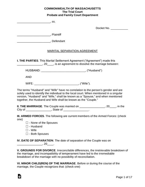 Free Massachusetts Marital Settlement Divorce Agreement Pdf Word