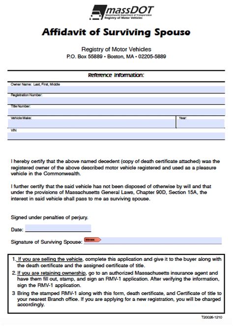 Free Massachusetts Massdot Affidavit Of Surviving Spouse Vehicle